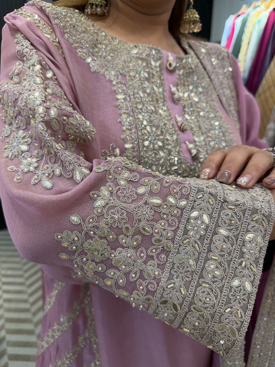 Pink Choga Style Garara Set with Ombre Dupatta &amp; Handwork Detailing