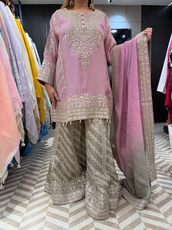 Pink Choga Style Garara Set with Ombre Dupatta &amp; Handwork Detailing