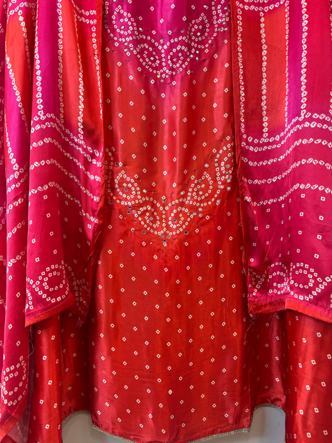Meher – Pink with Orange Gazi Silk Bandhani Foil Mirror Ensemble DBPMP02