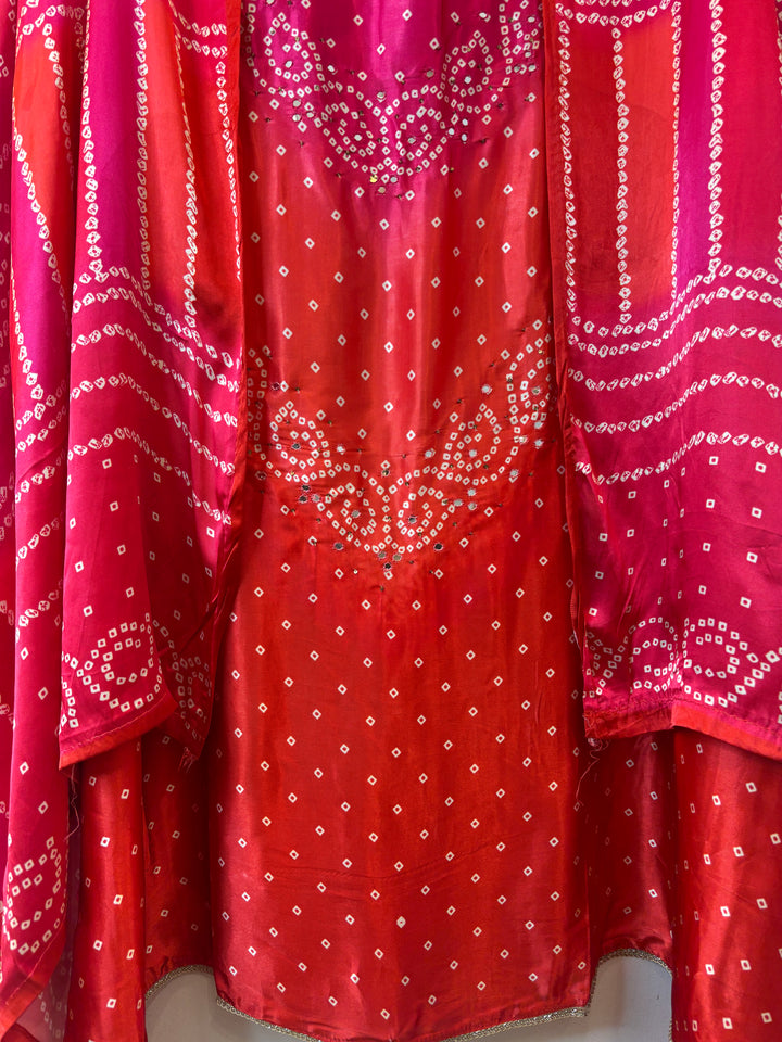 Meher – Pink with Orange Gazi Silk Bandhani Foil Mirror Ensemble DBPMP02