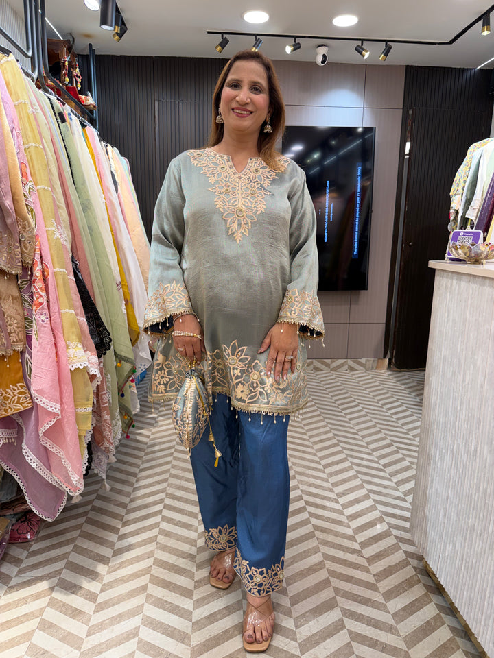 Blue Tissue A-Line Suit Set with Mirror Work &amp; Dhola Silk Pants