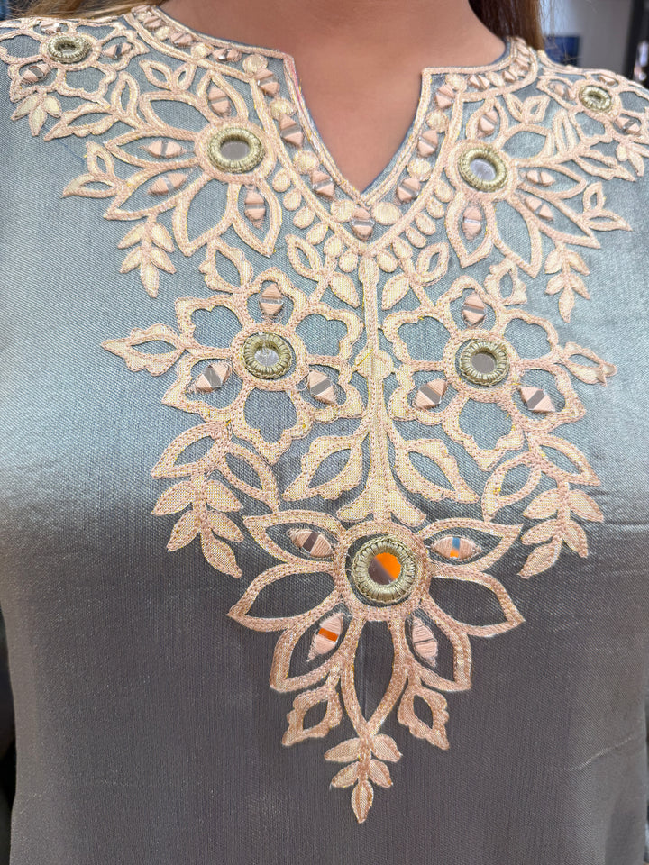 Blue Tissue A-Line Suit Set with Mirror Work &amp; Dhola Silk Pants