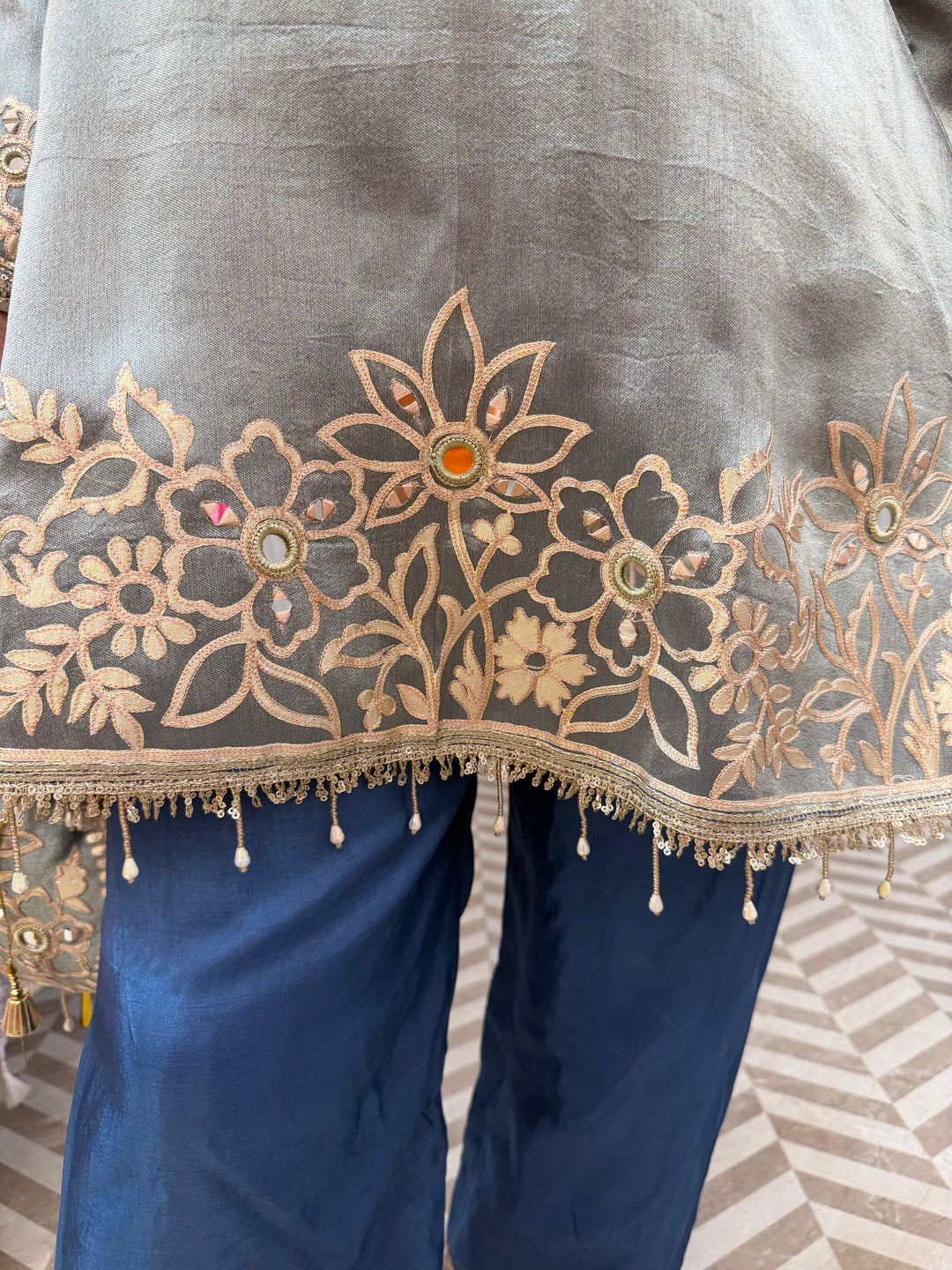 Blue Tissue A-Line Suit Set with Mirror Work &amp; Dhola Silk Pants