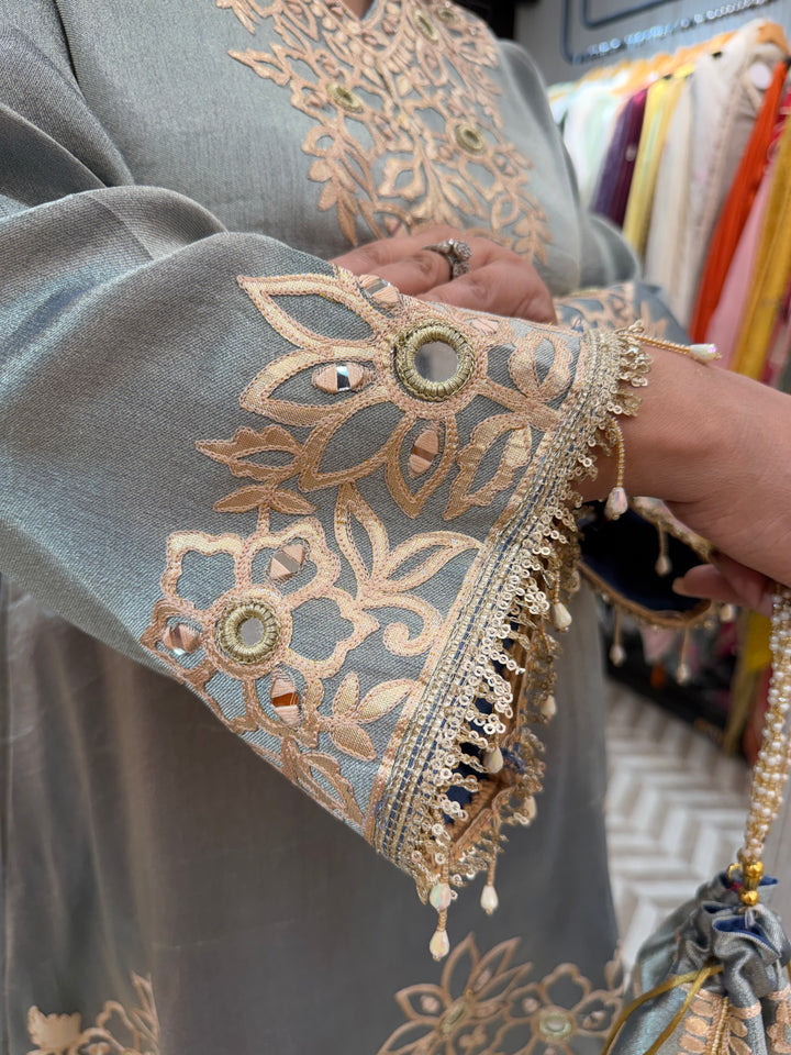 Blue Tissue A-Line Suit Set with Mirror Work &amp; Dhola Silk Pants