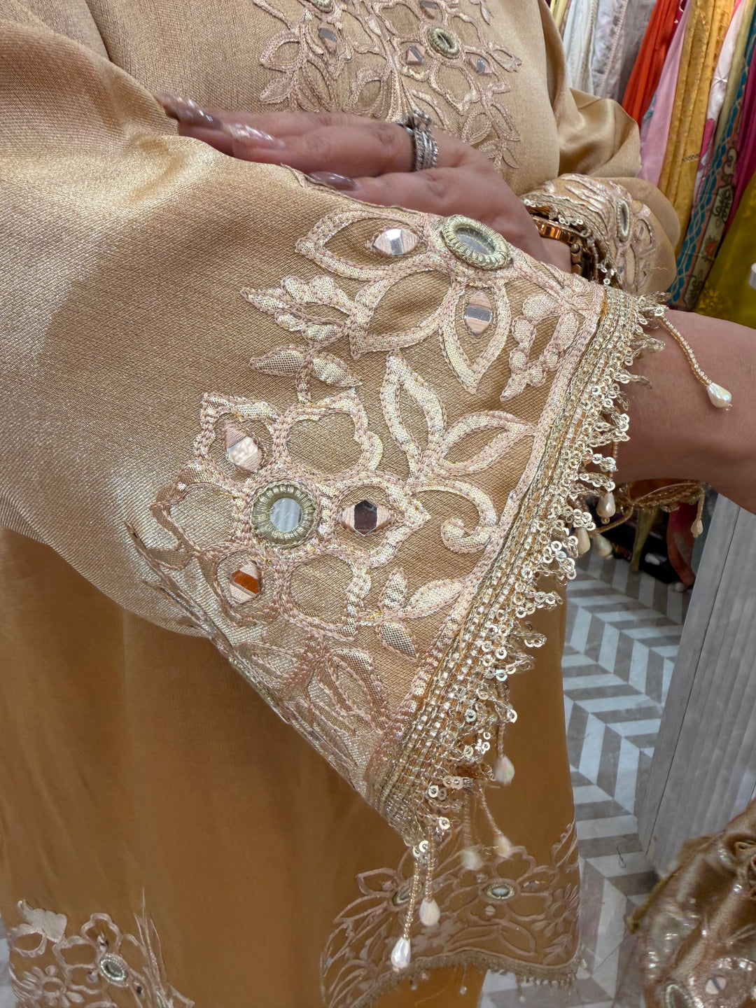 Yellow Tissue A-Line Suit Set with Mirror Work &amp; Dhola Silk Pants