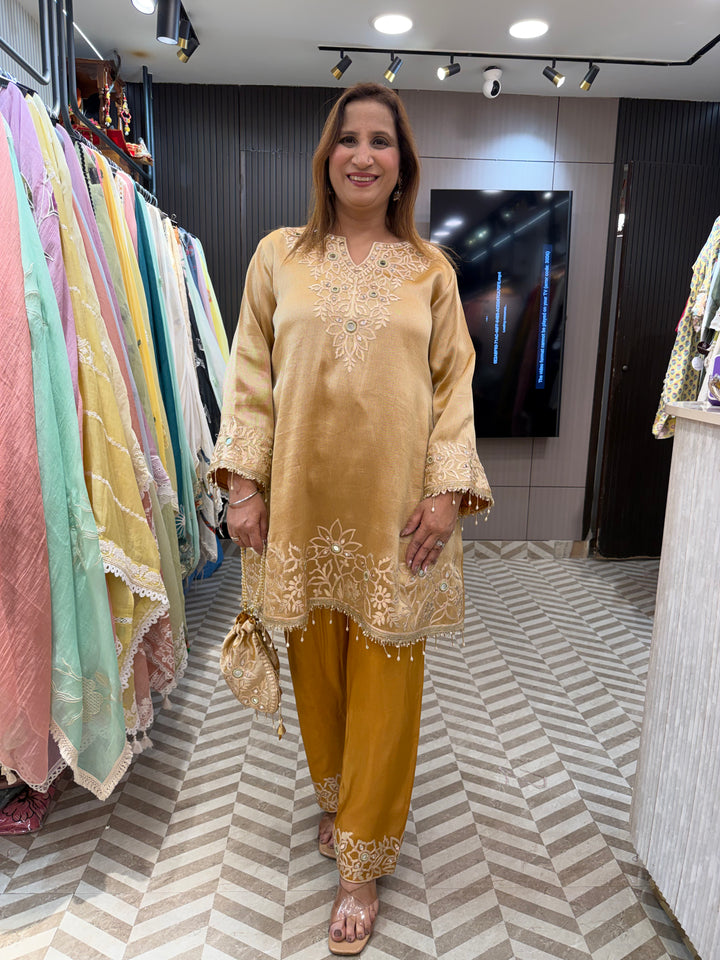 Yellow Tissue A-Line Suit Set with Mirror Work &amp; Dhola Silk Pants