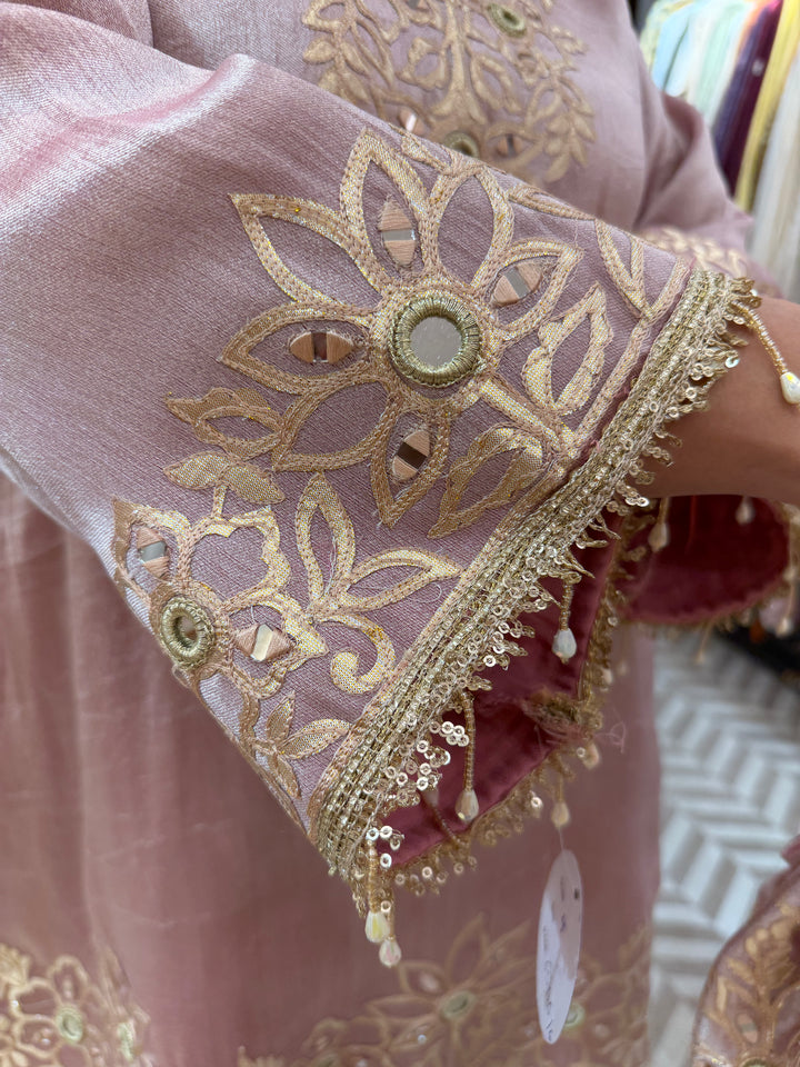Pink Tissue A-Line Suit Set with Mirror Work &amp; Dhola Silk Pants