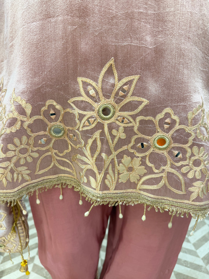Pink Tissue A-Line Suit Set with Mirror Work &amp; Dhola Silk Pants