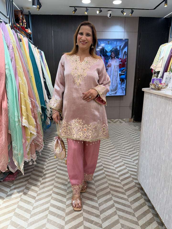 Pink Tissue A-Line Suit Set with Mirror Work &amp; Dhola Silk Pants