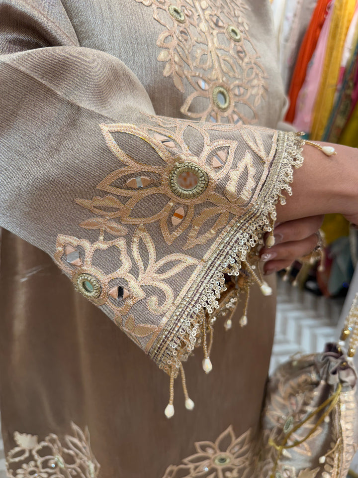 Wine Tissue A-Line Suit Set with Mirror Work &amp; Dhola Silk Pants