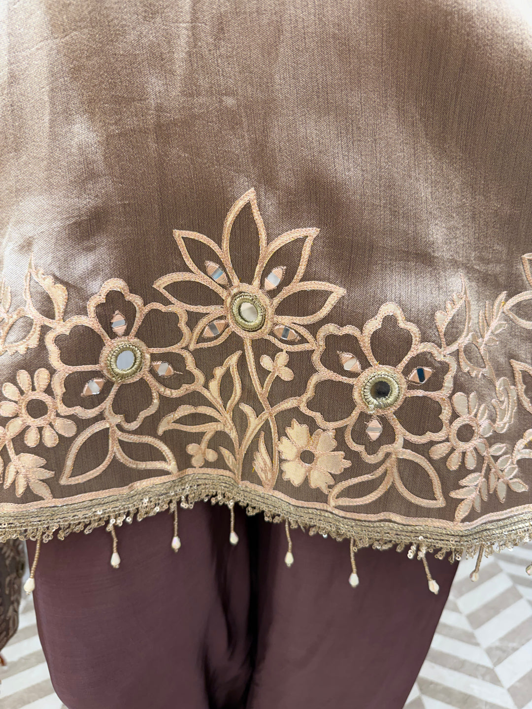 Wine Tissue A-Line Suit Set with Mirror Work &amp; Dhola Silk Pants