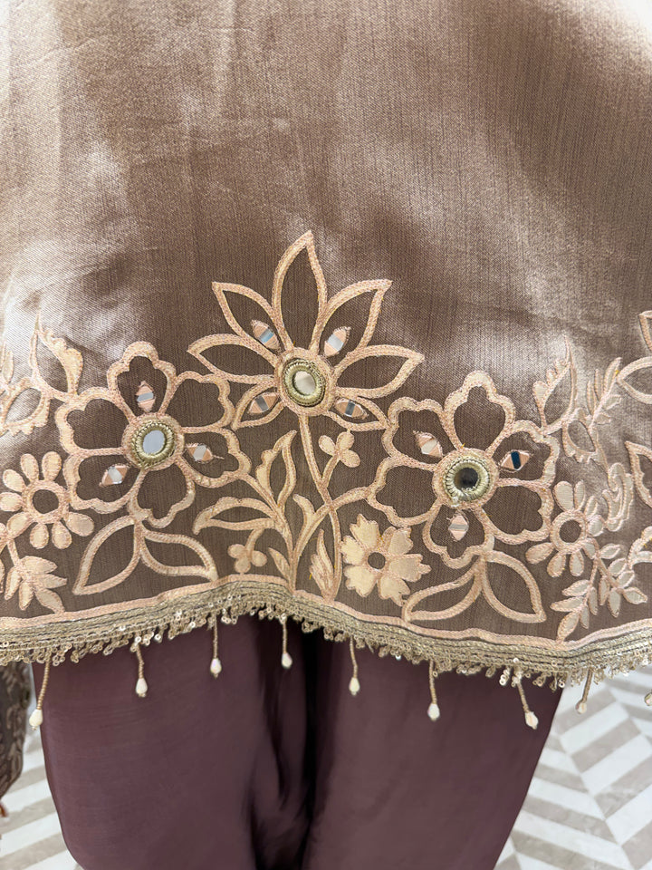 Wine Tissue A-Line Suit Set with Mirror Work &amp; Dhola Silk Pants