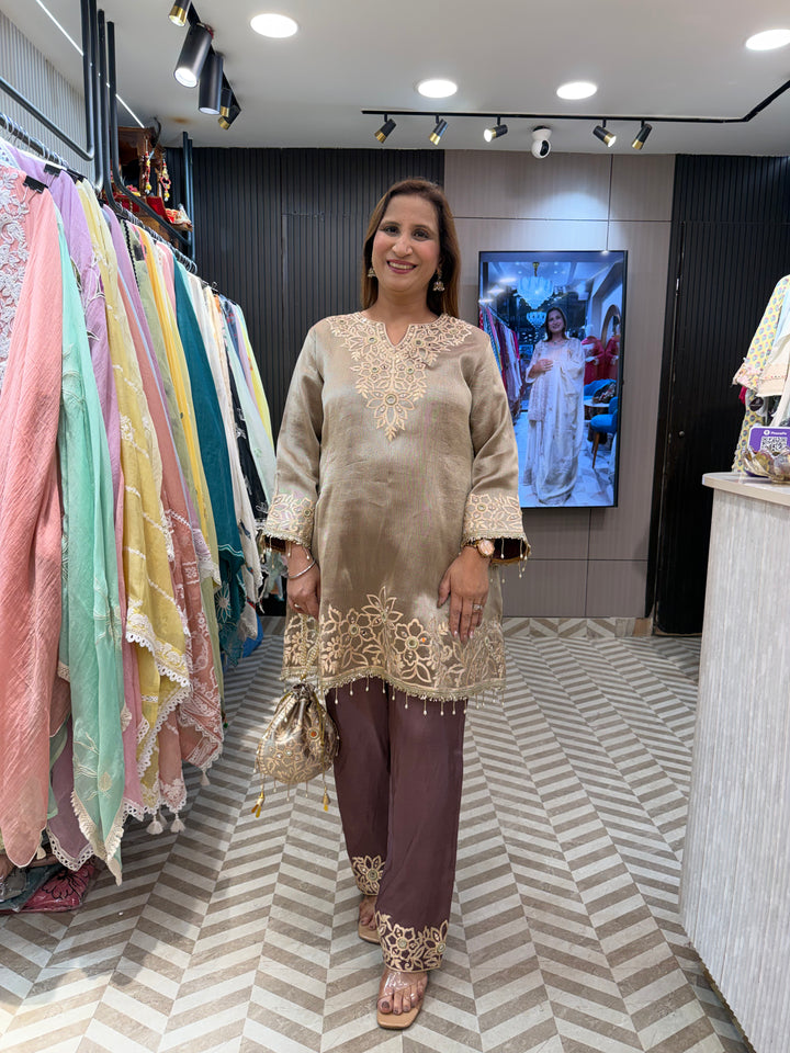 Wine Tissue A-Line Suit Set with Mirror Work &amp; Dhola Silk Pants