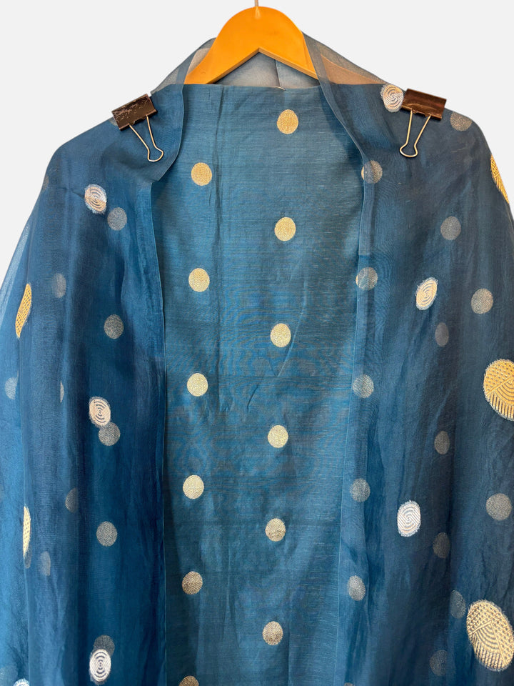 Design by Pakiza teal blue pure organza dupatta with gold zari polka dot weaving and elegant tissue pallu detailing