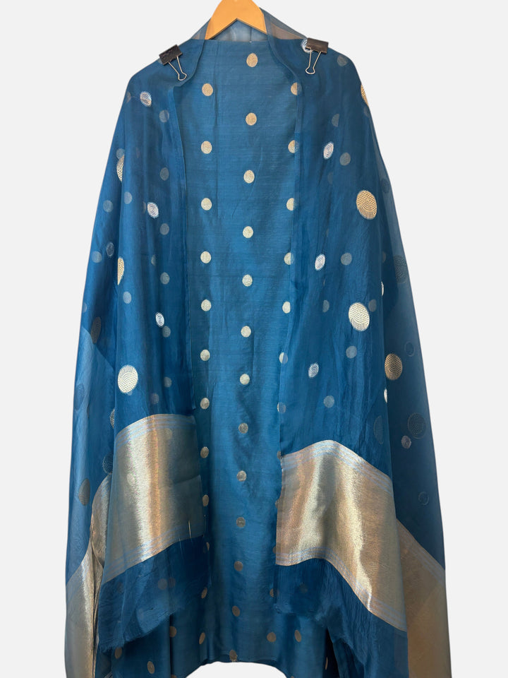 Design by Pakiza teal blue pure organza dupatta with gold polka zari weaving and elegant tissue pallu detailing