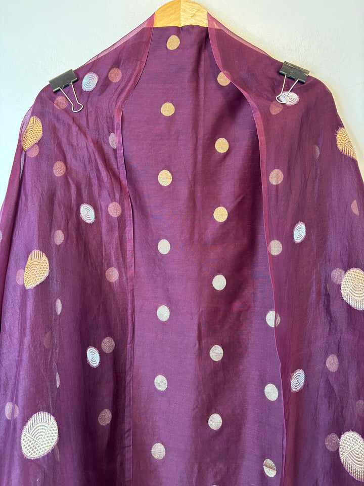 Ruhani – Wine Pure Silk Maheshwari Zari Woven Ensemble DBPRO06