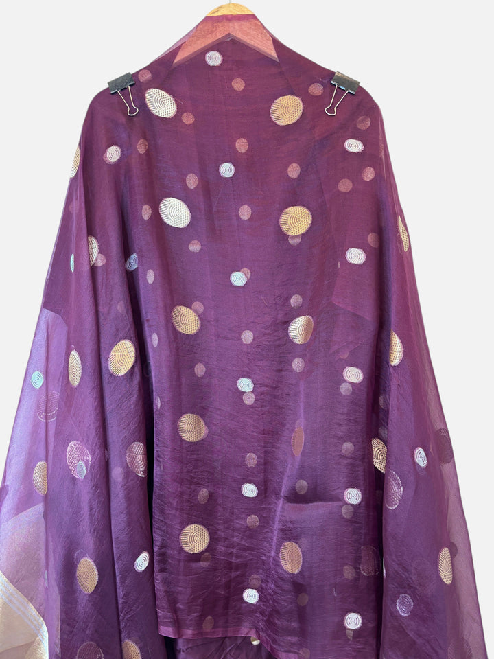 Design by Pakiza wine pure organza dupatta featuring delicate polka zari weaving and elegant tissue pallu detailing