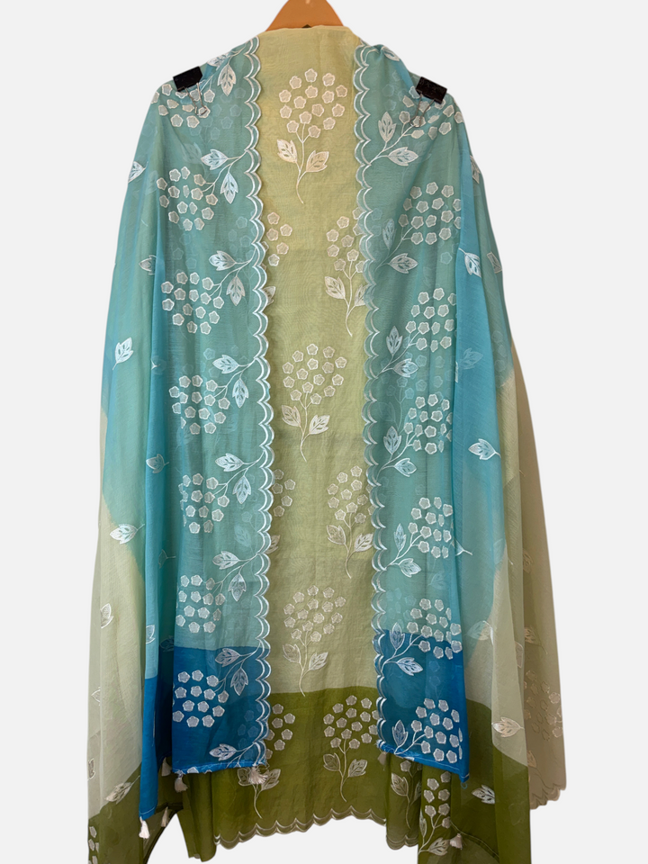 Design by Pakiza green and blue ombre mul chanderi dupatta with intricate white floral applique work