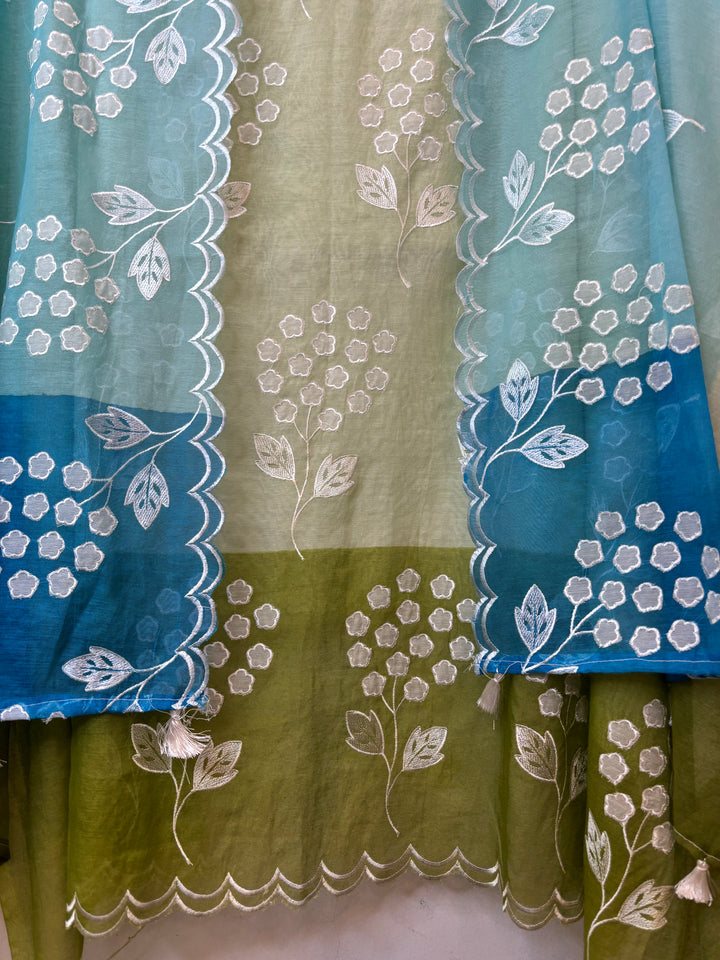 Zivara – Green Ombre Appliqué Work Unstitched Suit