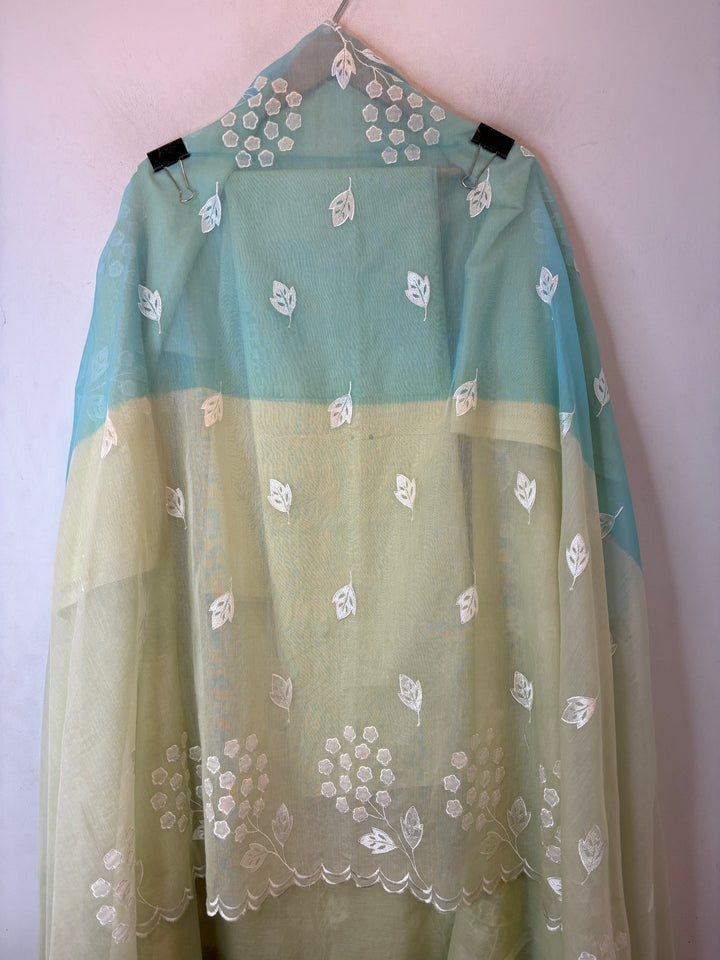 Zivara – Green Ombre Appliqué Work Unstitched Suit