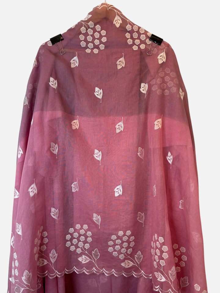 Design by Pakiza pink mul chanderi ombre unstitched suit fabric with delicate white floral and leaf appliqué work
