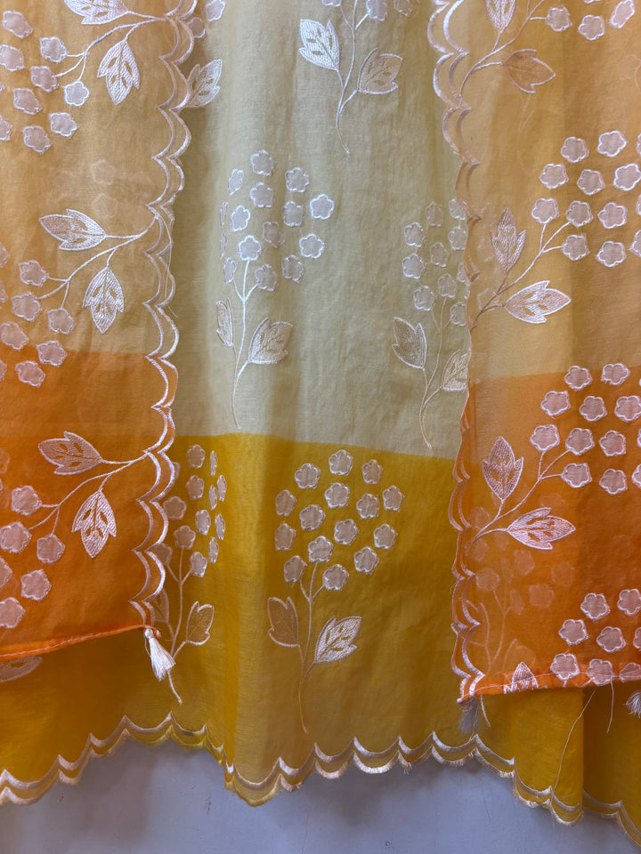 Zivara – Yellow Mul Chanderi Ombre Appliqué Work Unstitched Suit