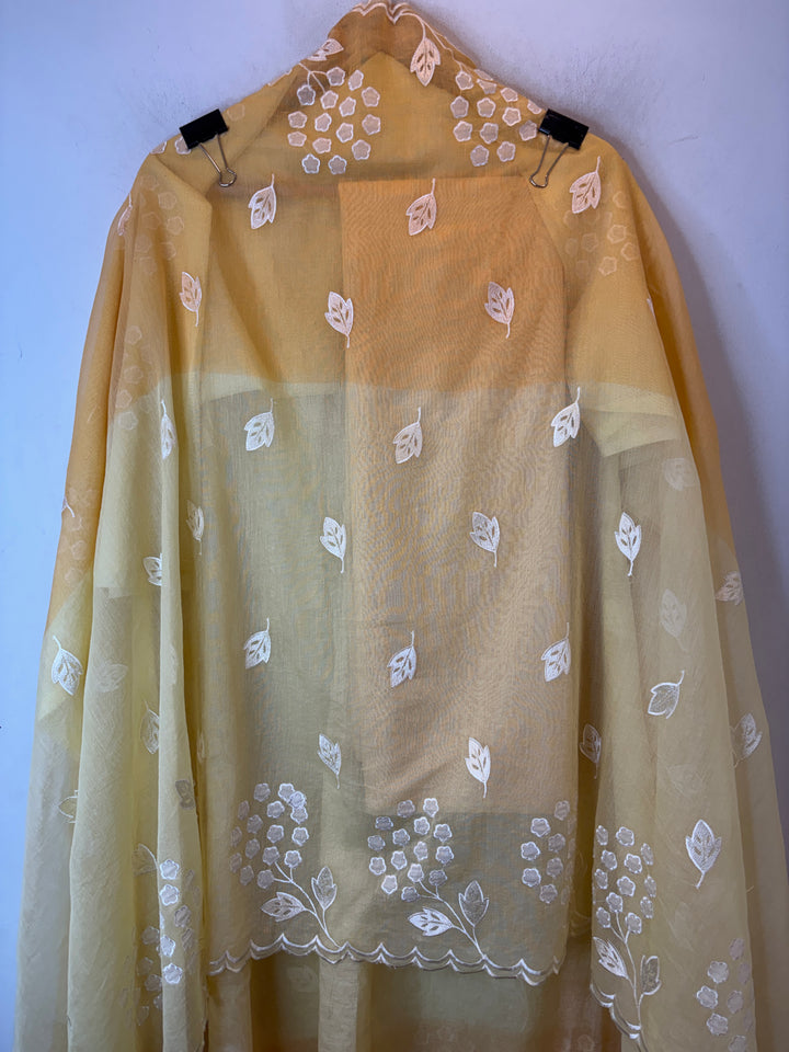 Zivara – Yellow Mul Chanderi Ombre Appliqué Work Unstitched Suit