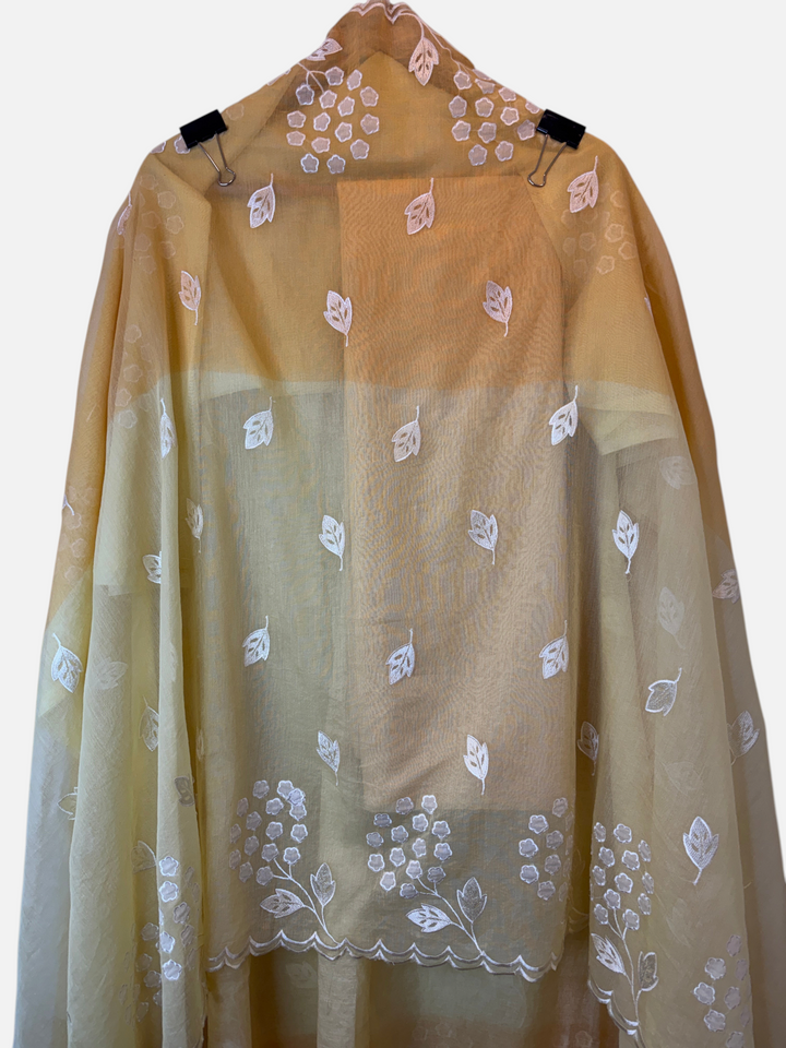 Design by Pakiza yellow ombre mul chanderi unstitched suit fabric with delicate white floral appliqué embroidery