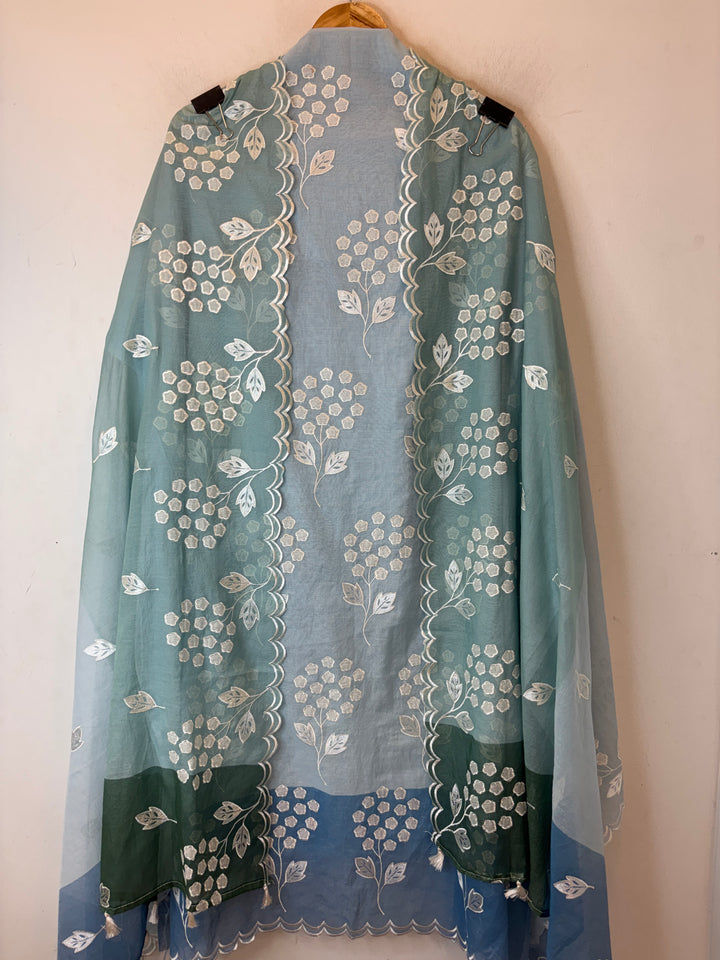 Zivara – Blue Mul Chanderi Ombre Appliqué Work Unstitched Suit