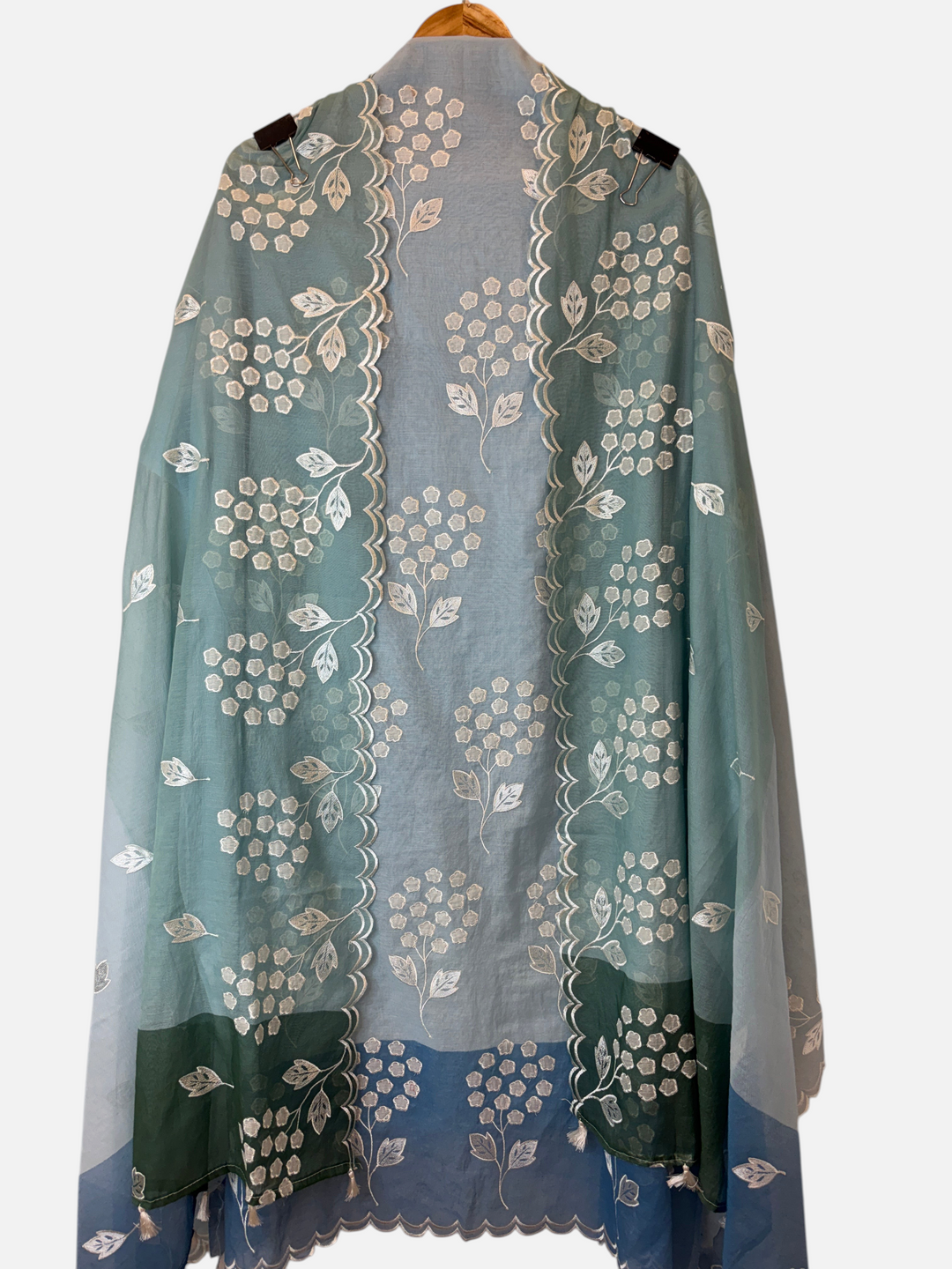 Design by Pakiza blue ombre mul chanderi unstitched suit with delicate white floral applique work and scalloped edges