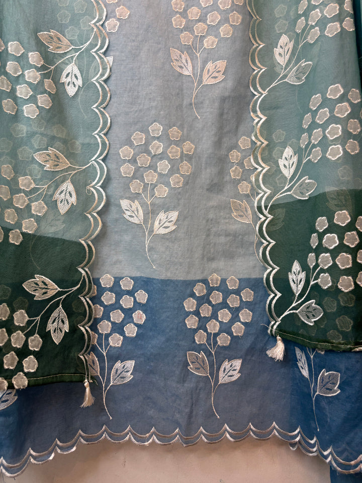 Zivara – Blue Mul Chanderi Ombre Appliqué Work Unstitched Suit