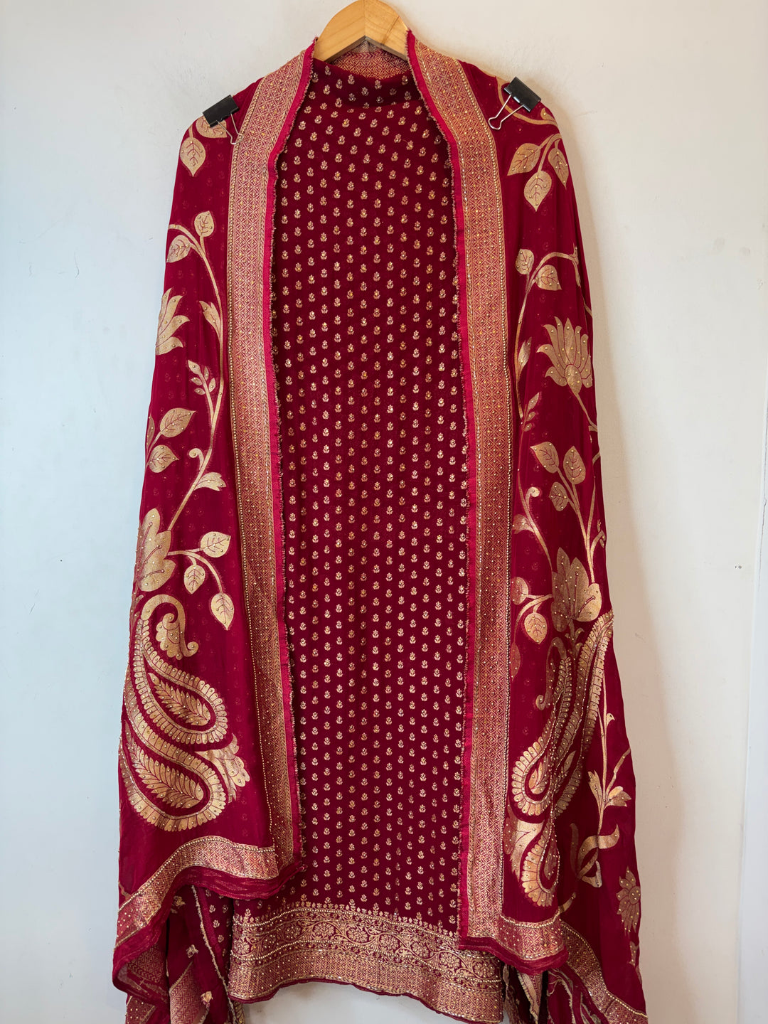 Saira – Maroon Red Pure Khadi Georgette Banarasi Beaded Ensemble