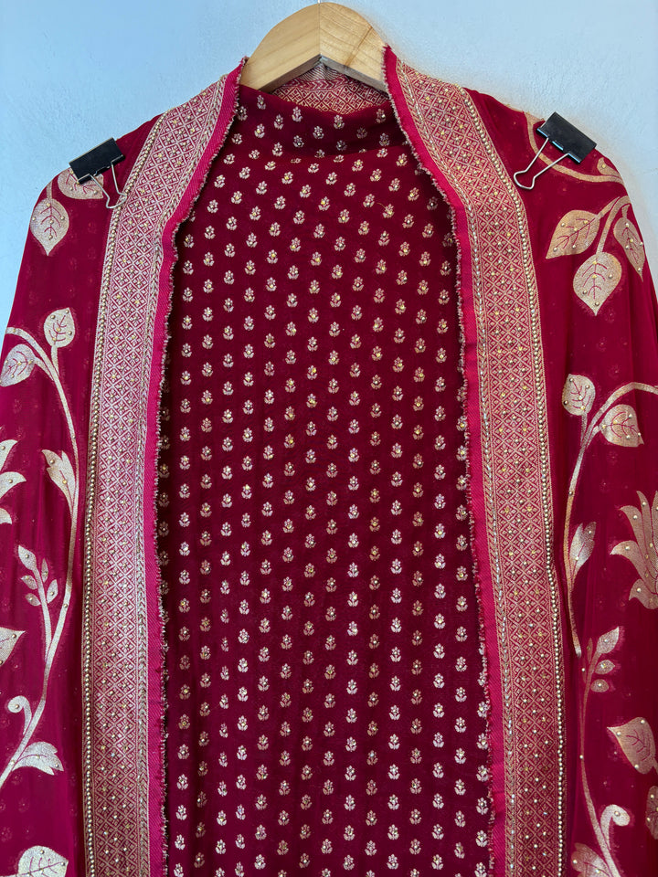 Saira – Maroon Red Pure Khadi Georgette Banarasi Beaded Ensemble