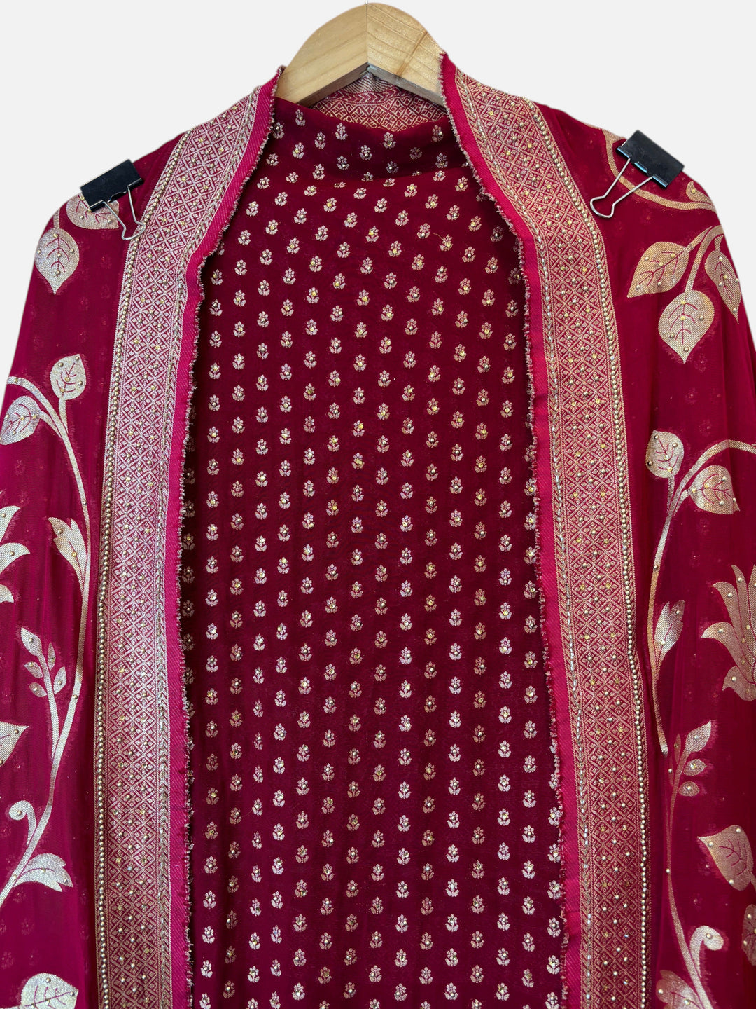Design by Pakiza maroon red pure khadi georgette Banarasi suit with intricate gold woven booties and beadwork