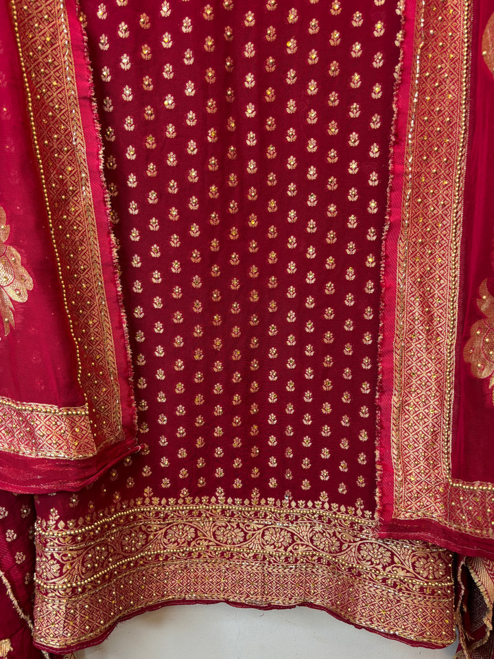 Saira – Maroon Red Pure Khadi Georgette Banarasi Beaded Ensemble