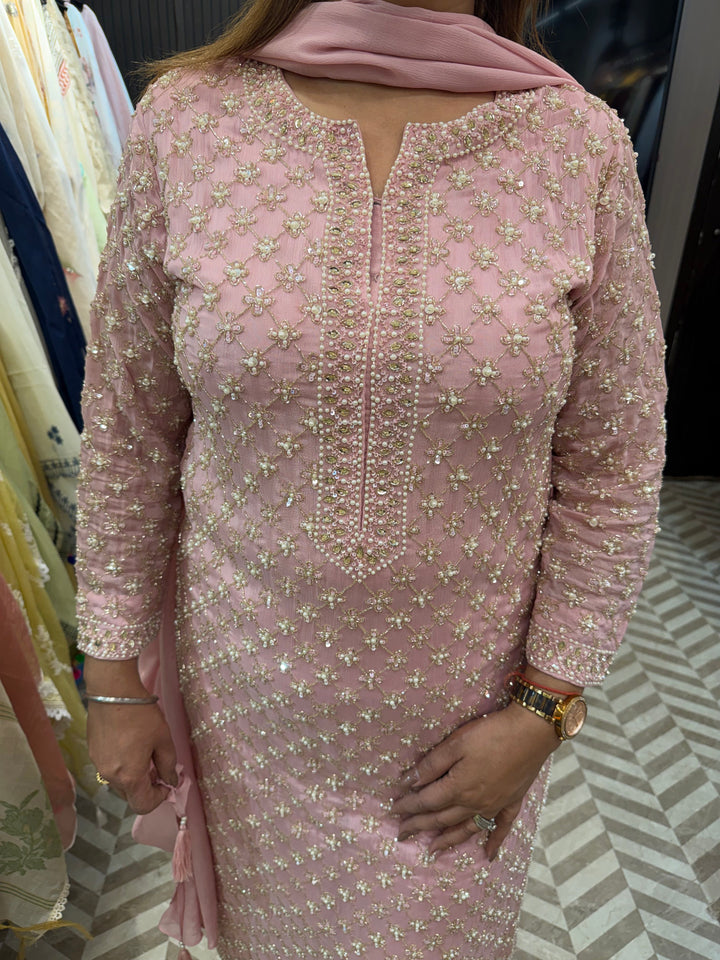 Pink Chinon Heavy Handworked Suit Set with Pearl &amp; Tassel Detailing
