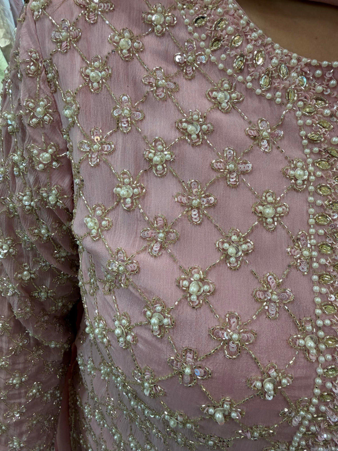 Pink Chinon Heavy Handworked Suit Set with Pearl &amp; Tassel Detailing