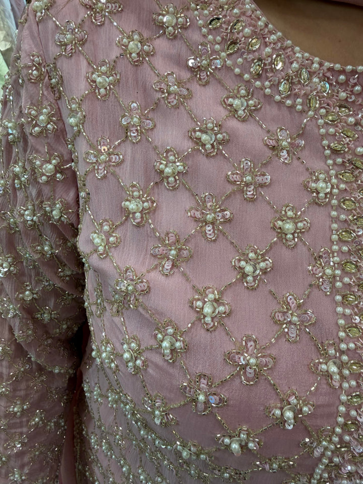 Pink Chinon Heavy Handworked Suit Set with Pearl &amp; Tassel Detailing