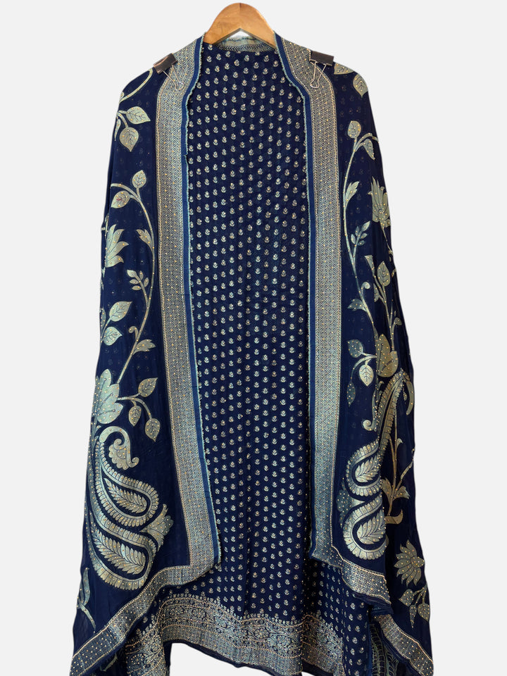 Design by Pakiza navy blue pure khadi georgette Banarasi suit set with intricate beadwork and woven floral borders