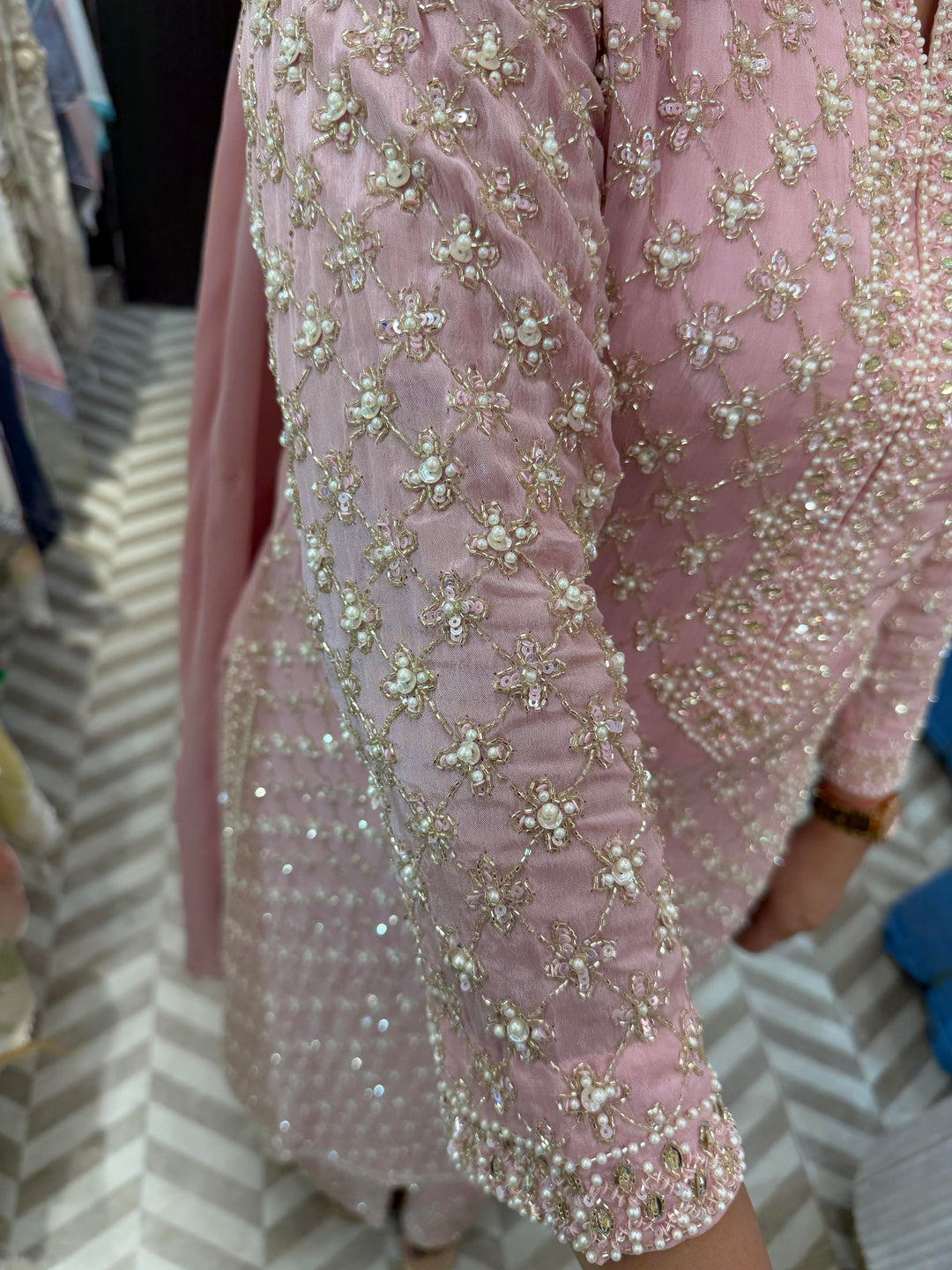 Pink Chinon Heavy Handworked Suit Set with Pearl &amp; Tassel Detailing