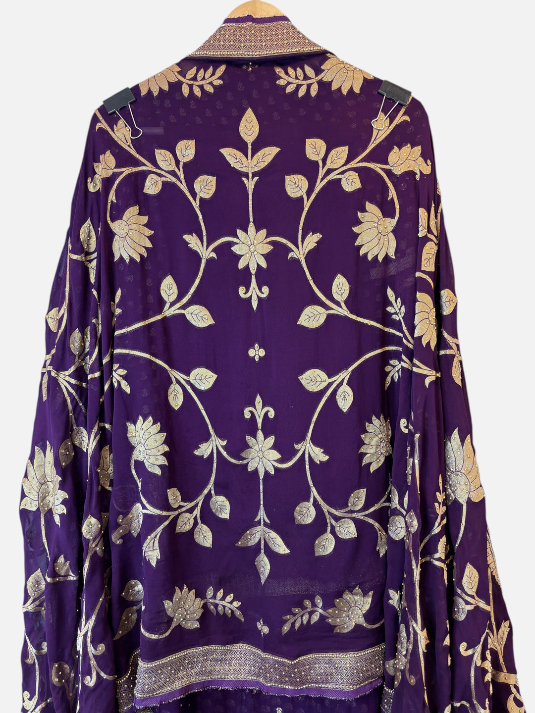 Design by Pakiza purple khadi georgette dupatta with gold Banarasi floral weaving, cutdana, and intricate beadwork.