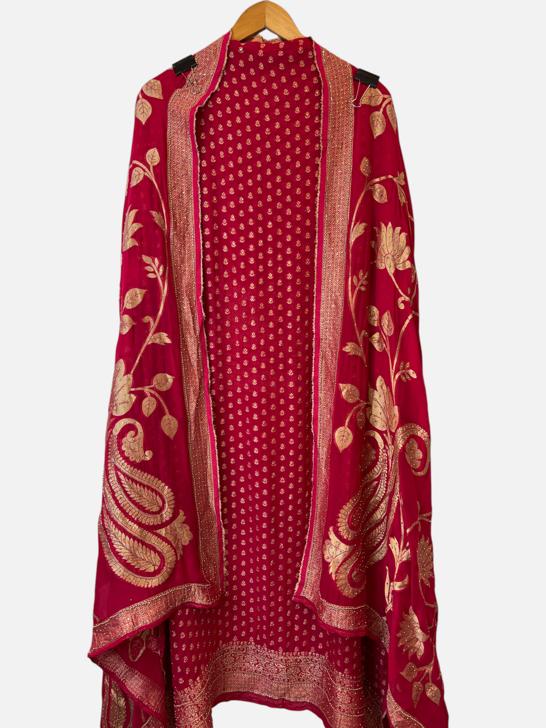Design by Pakiza rani pink khadi georgette Banarasi suit set with gold woven motifs, beadwork, and matching dupatta