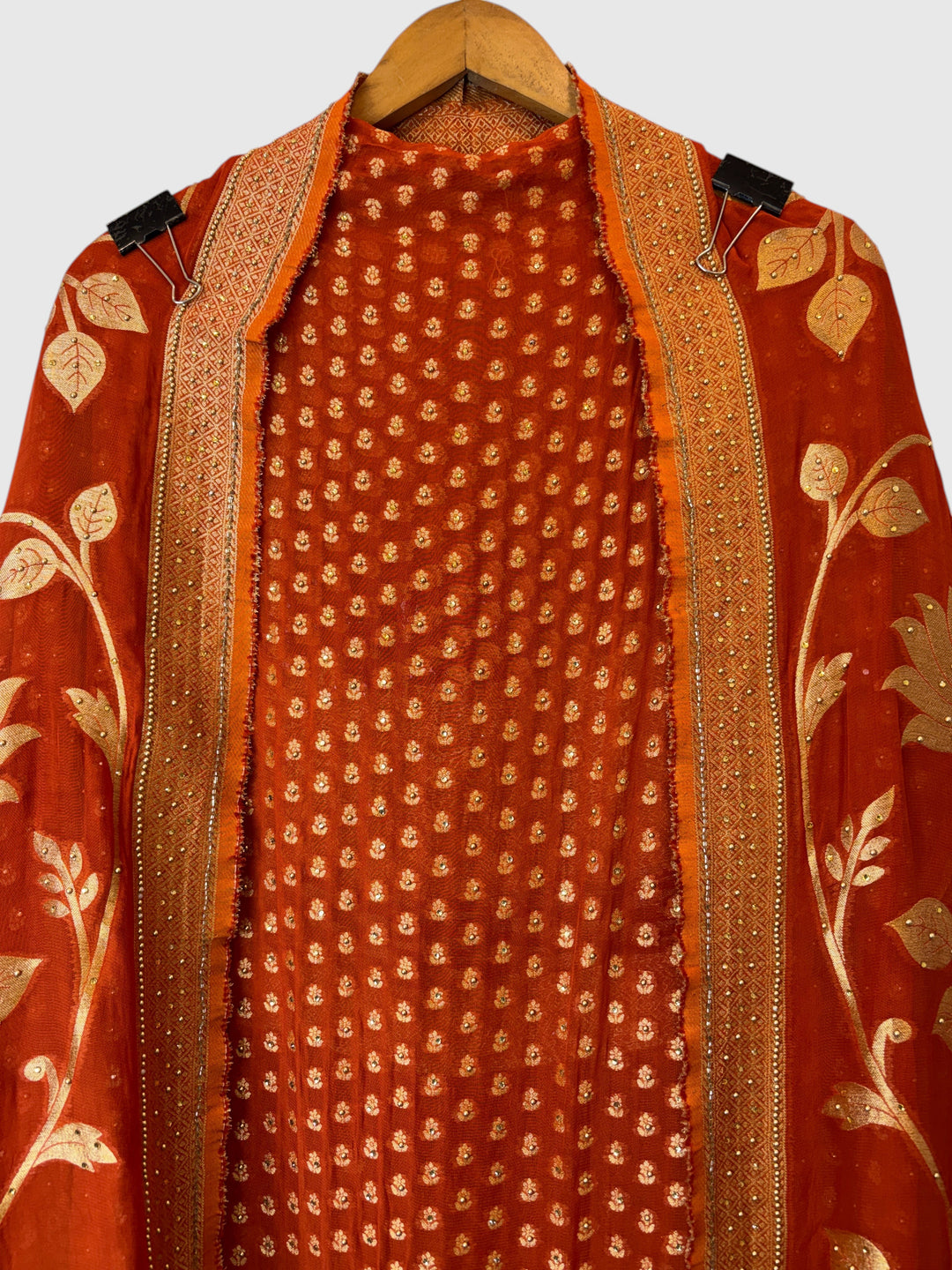 Design by Pakiza orange pure khadi georgette Banarasi suit set with intricate beadwork and woven gold floral motifs