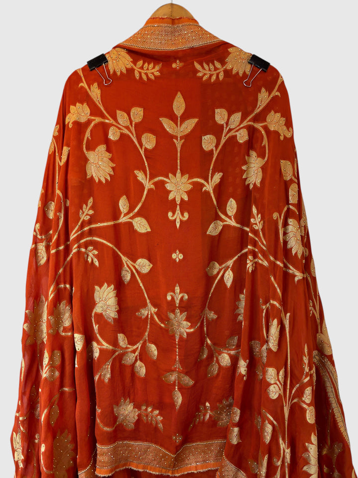 Design by Pakiza orange pure khadi georgette shirt with gold Banarasi woven floral motifs and intricate beadwork