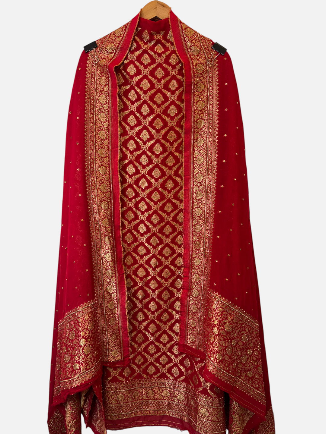 Design by Pakiza red unstitched 3-piece suit set in Khadi Georgette with gold Banarasi jaal and stone embellishments