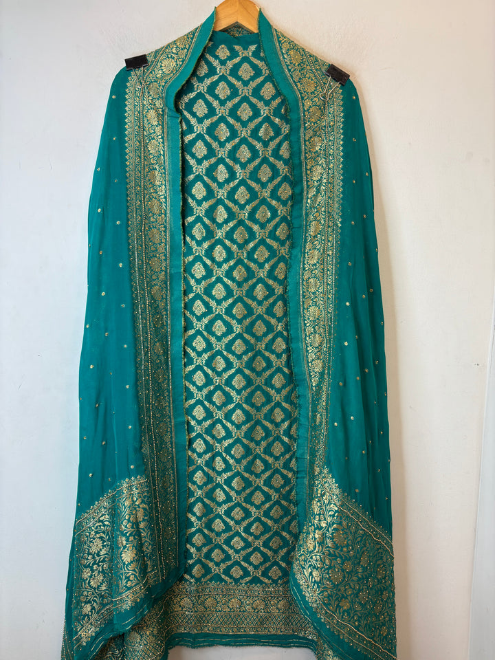 Zarika – Rama Green Banarasi Jaal &amp; Stone Embellished Ensemble