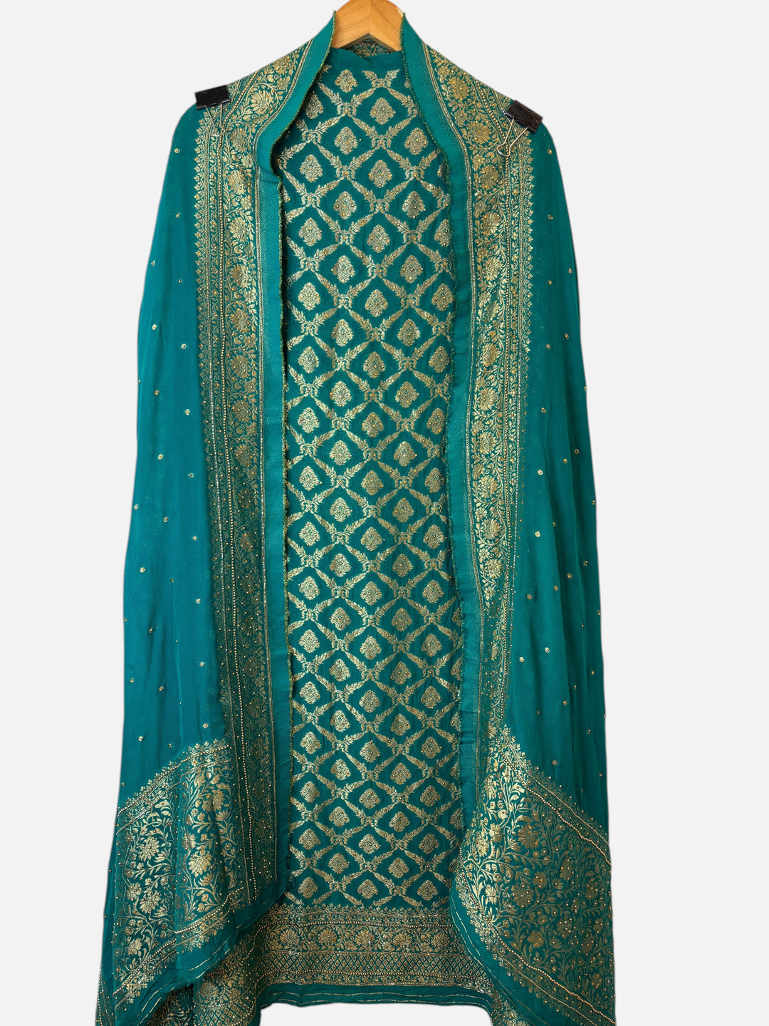 Design by Pakiza rama green khadi georgette 3-piece suit with intricate gold Banarasi jaal and stone embellishments