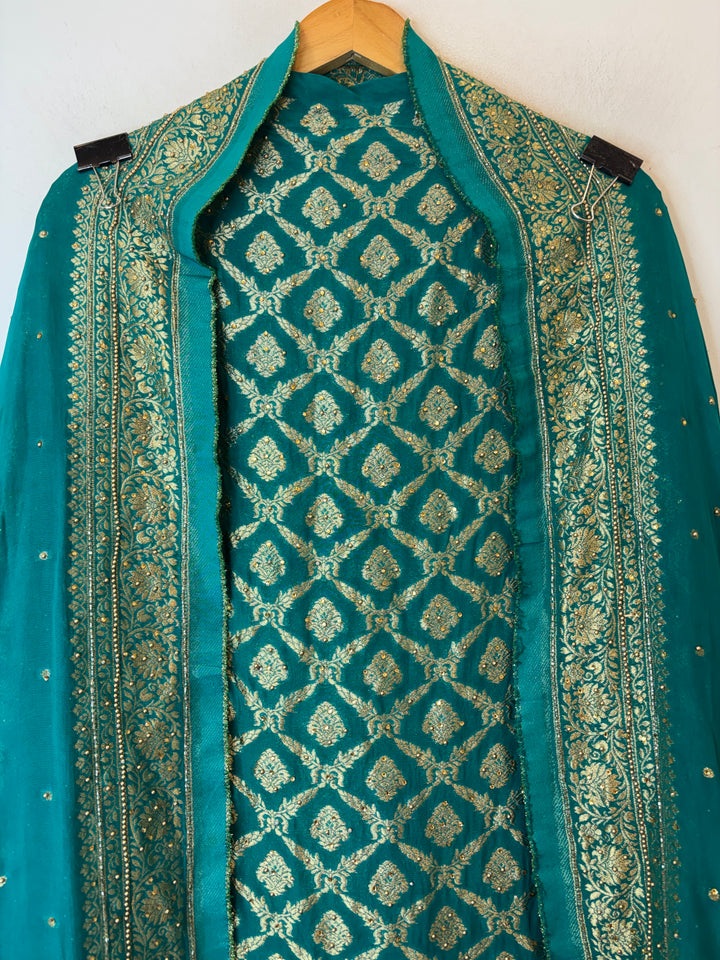Zarika – Rama Green Banarasi Jaal &amp; Stone Embellished Ensemble