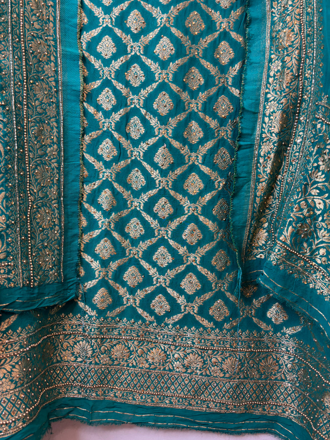 Zarika – Rama Green Banarasi Jaal &amp; Stone Embellished Ensemble