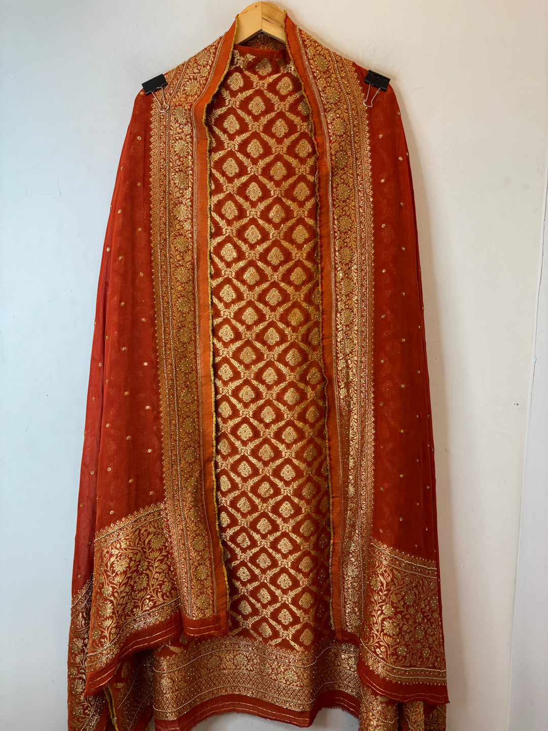 Zarika – Rust Banarasi Jaal &amp; Stone Embellished Ensemble